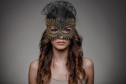 Gothic Masquerade Mask: Black & Gold Glitter Winged Veil