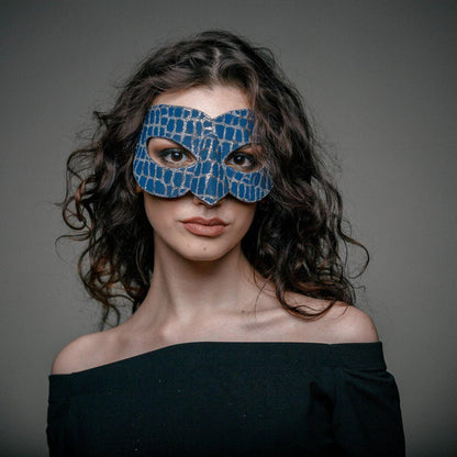 Blue masquerade mask and silver glitter for man or woman