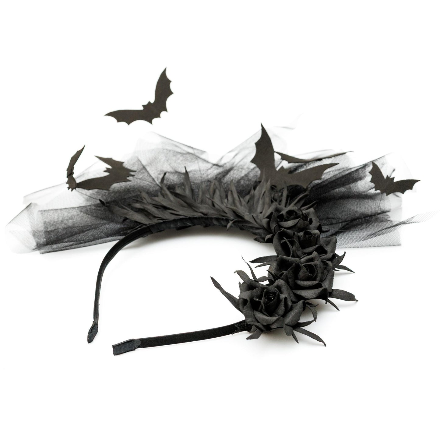 Halloween fascinator black bat headband with flowers and veil for Halloween party.