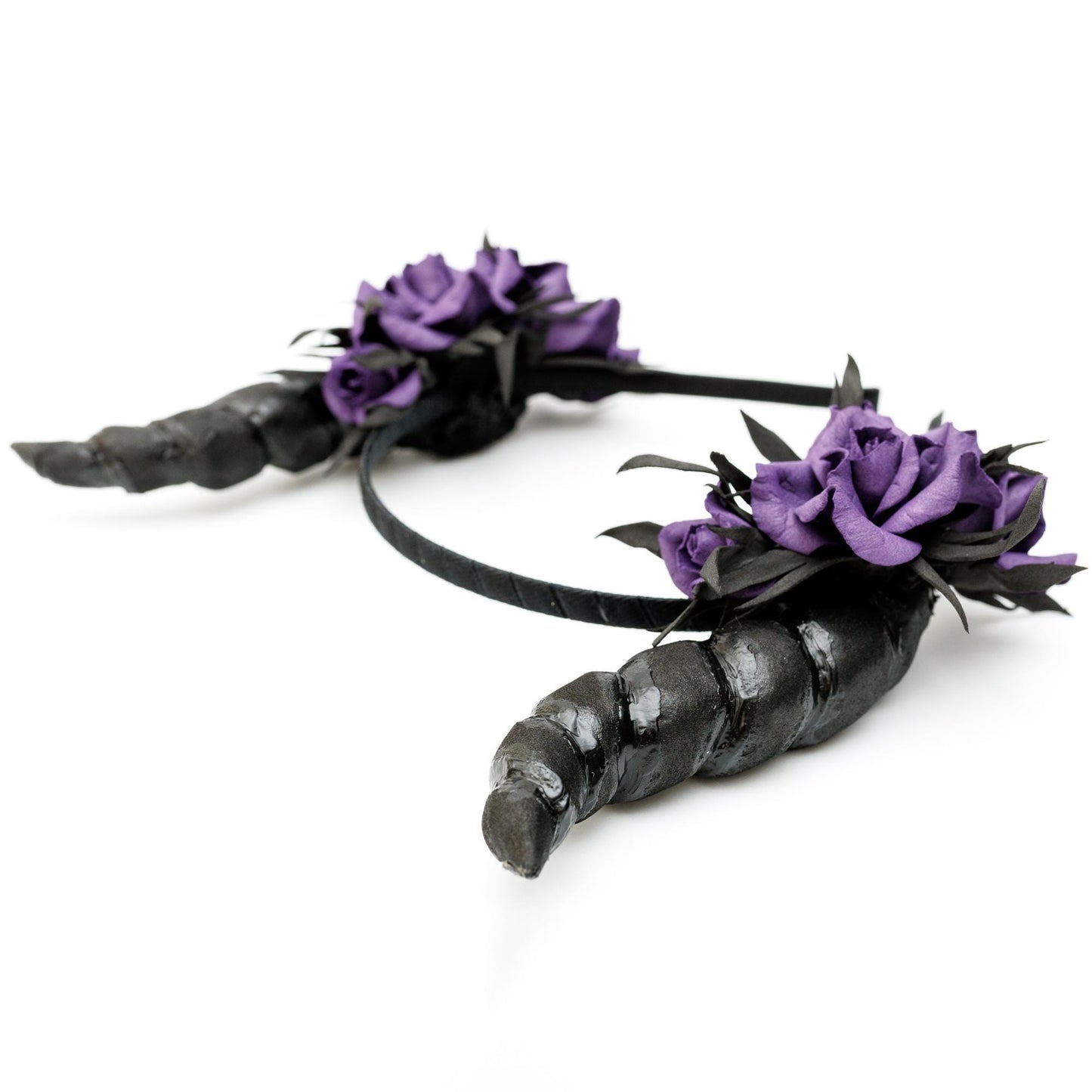 Black horns headband with purple flowers for Halloween party. Lightweight horns headpiece.