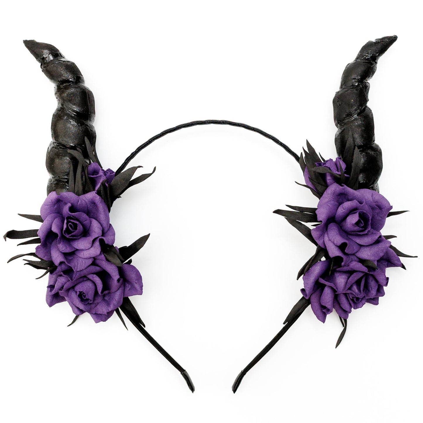 Black horns headband with purple flowers for Halloween party. Lightweight horns headpiece.