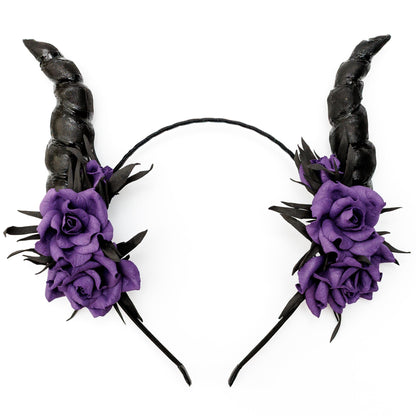 Black horns headband with purple flowers for Halloween party. Lightweight horns headpiece.