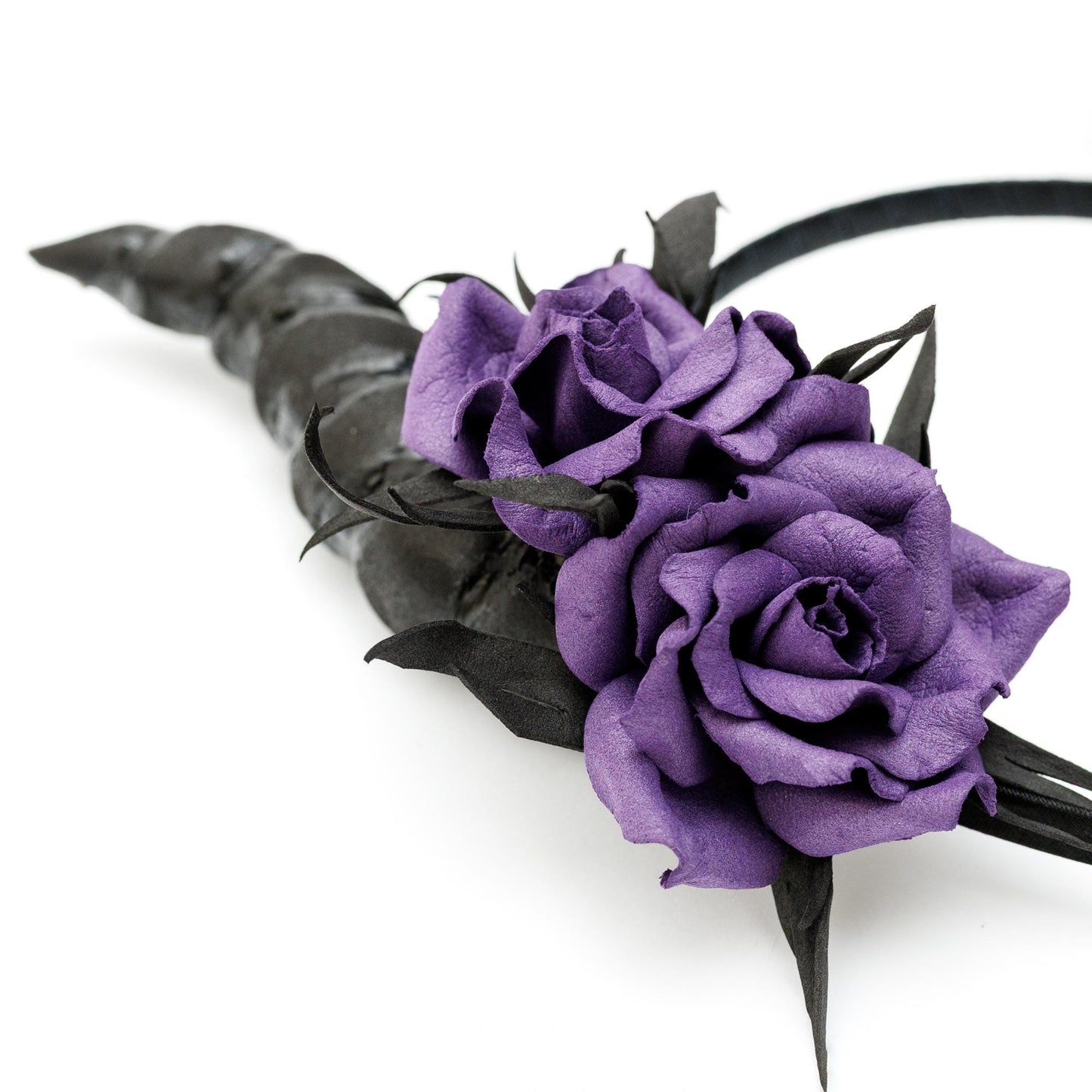 Black horns headband with purple flowers for Halloween party. Lightweight horns headpiece.