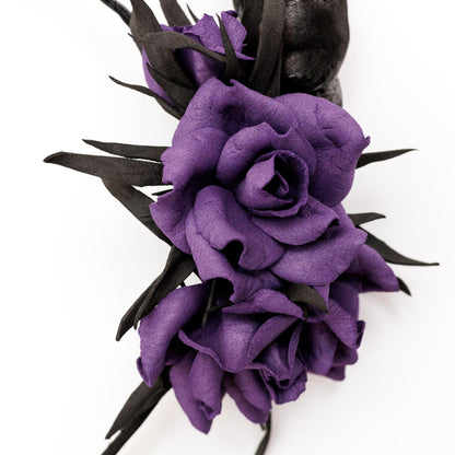 Black horns headband with purple flowers for Halloween party. Lightweight horns headpiece.
