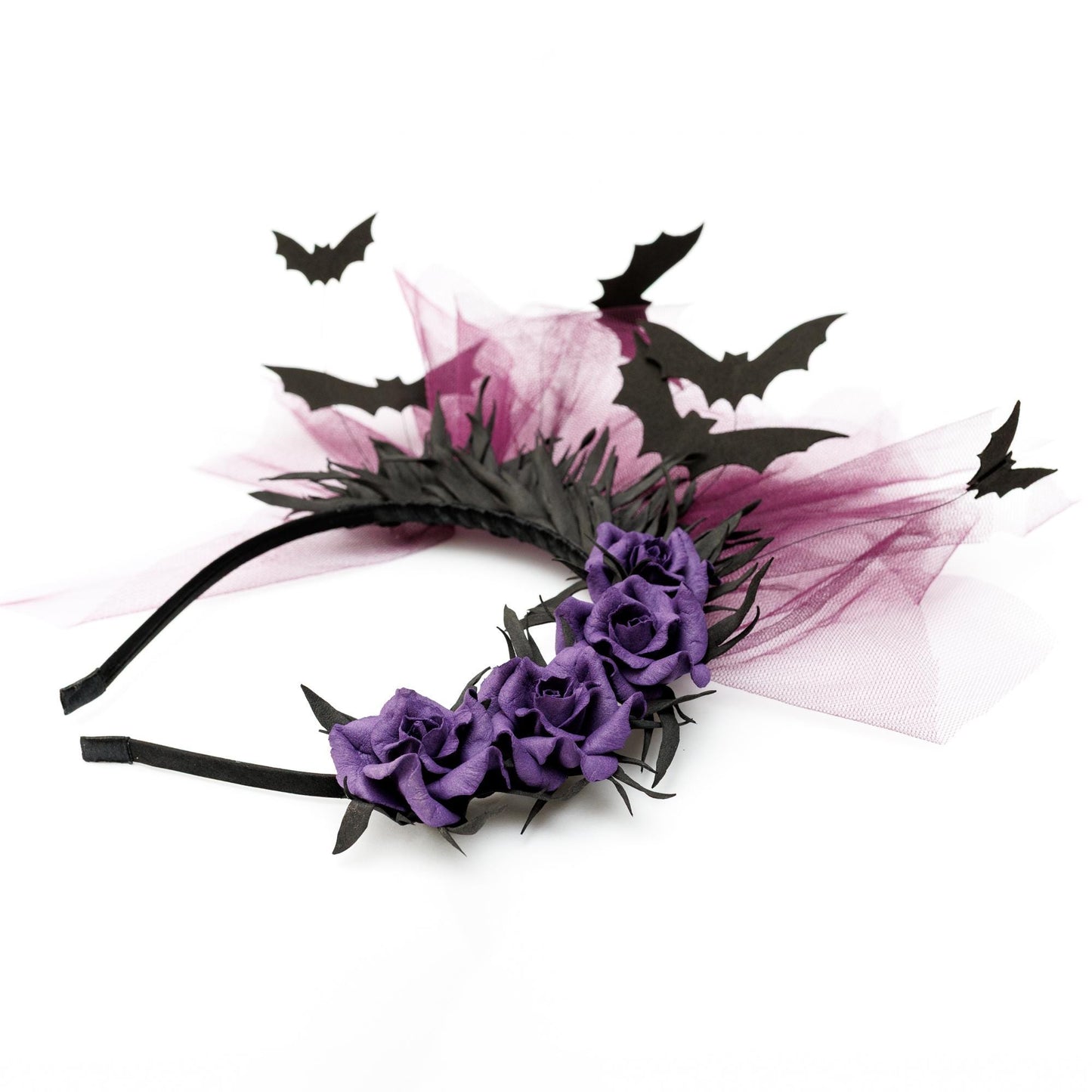 Purple bat and roses fascinator headband. Halloween crown. Gothic headpiece.