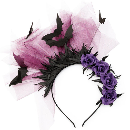Purple bat and roses fascinator headband. Halloween crown. Gothic headpiece.