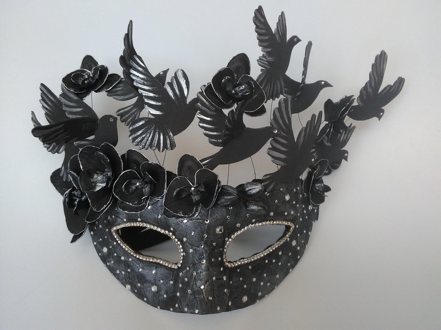 Black Bird Masquerade Mask: Gothic 3D Birds, Orchids & Rhinestones