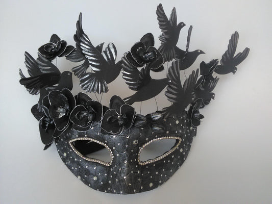 Black Bird Masquerade Mask: Gothic 3D Birds, Orchids & Rhinestones