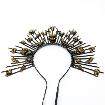 Gothic Skull Crown Headband: Black & Gold Halloween Party Halo
