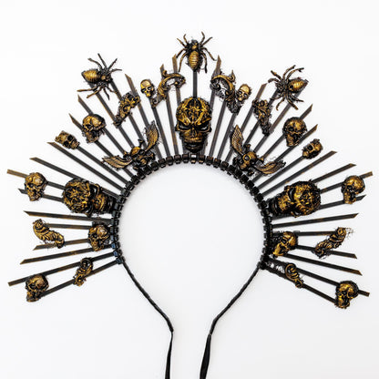 Gothic Skull Crown Headband: Black & Gold Halloween Party Halo
