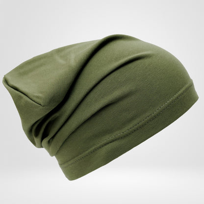 Khaki Beanie with Lace Flowers: Cotton Knit Hat, S-M