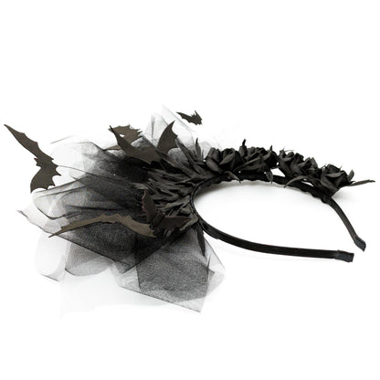 Halloween fascinator black bat headband with flowers and veil for Halloween party.