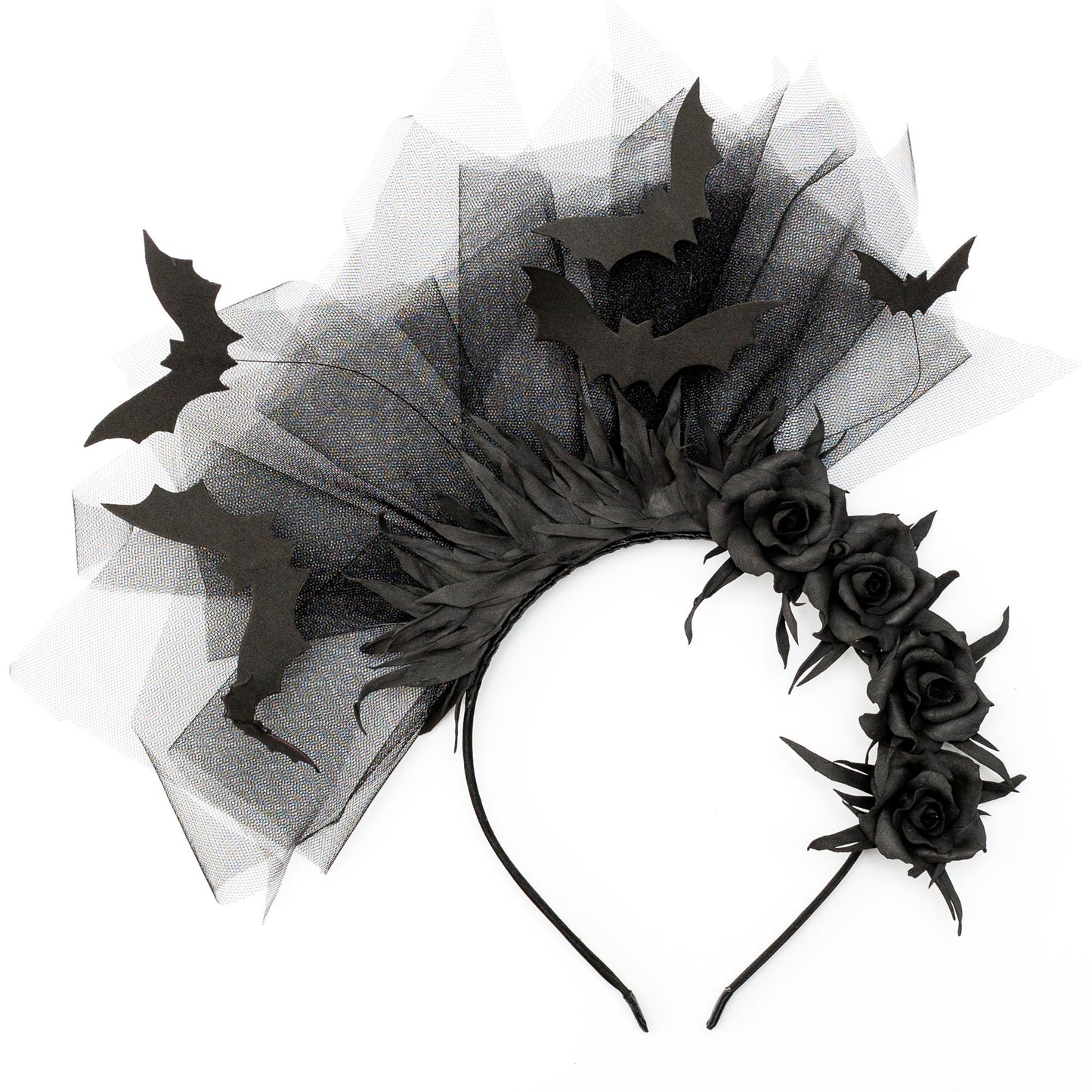 Halloween fascinator black bat headband with flowers and veil for Halloween party.