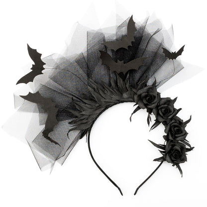 Halloween fascinator black bat headband with flowers and veil for Halloween party.