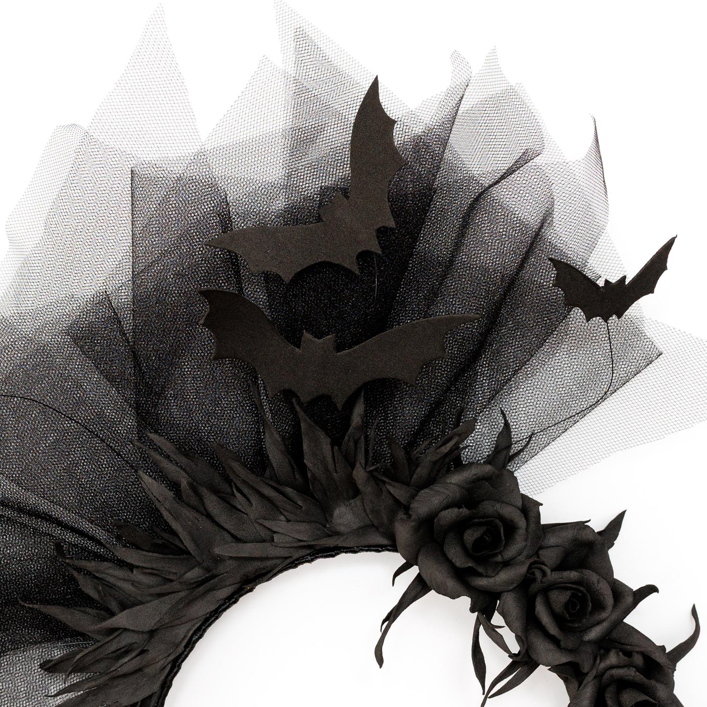 Halloween fascinator black bat headband with flowers and veil for Halloween party.