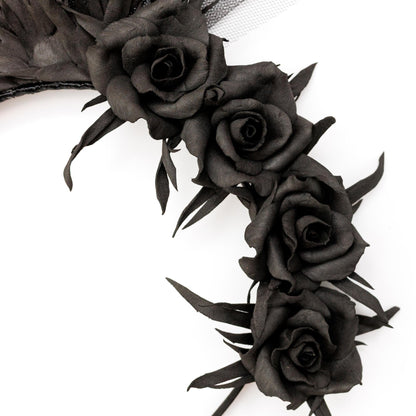 Halloween fascinator black bat headband with flowers and veil for Halloween party.