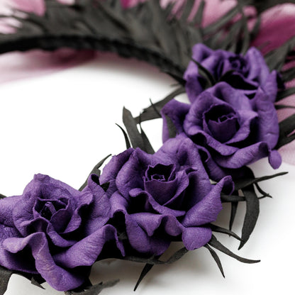 Purple bat and roses fascinator headband. Halloween crown. Gothic headpiece.