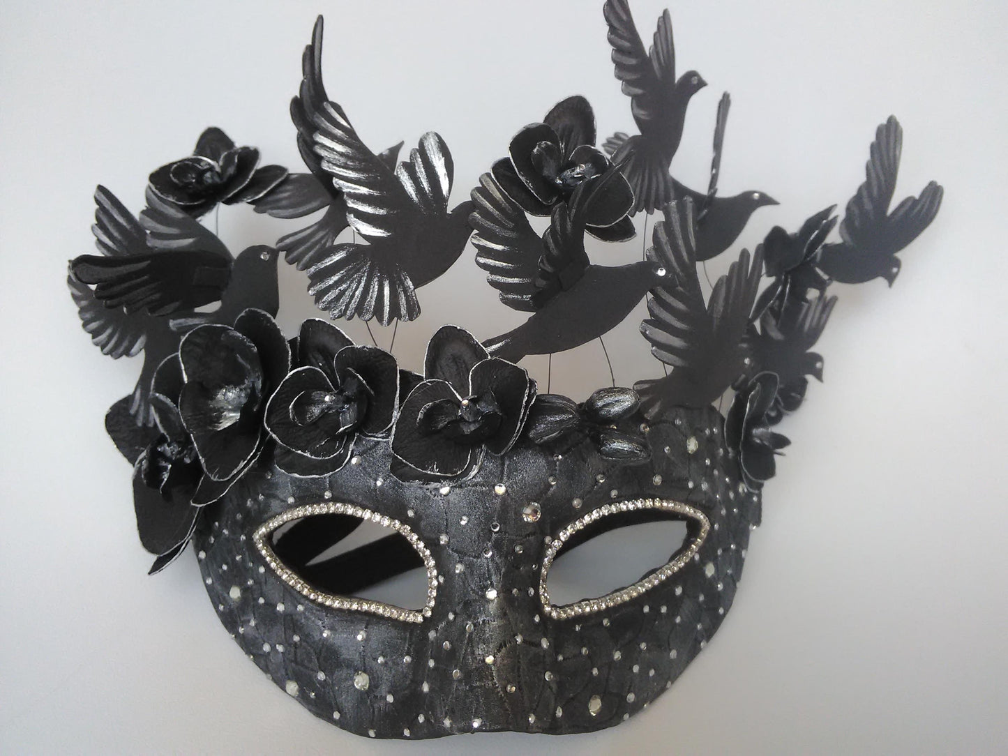 Black Bird Masquerade Mask: Gothic 3D Birds, Orchids & Rhinestones