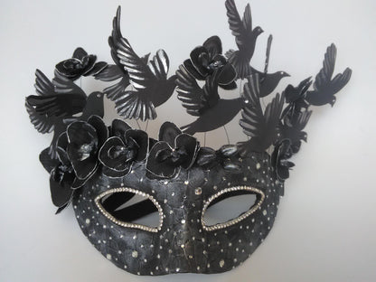 Black Bird Masquerade Mask: Gothic 3D Birds, Orchids & Rhinestones