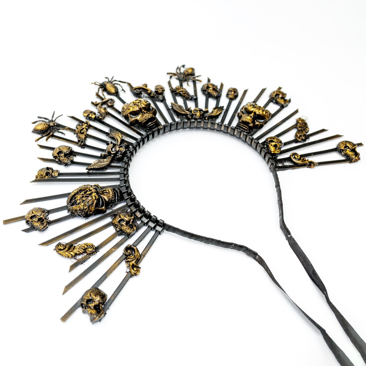 Gothic Skull Crown Headband: Black & Gold Halloween Party Halo