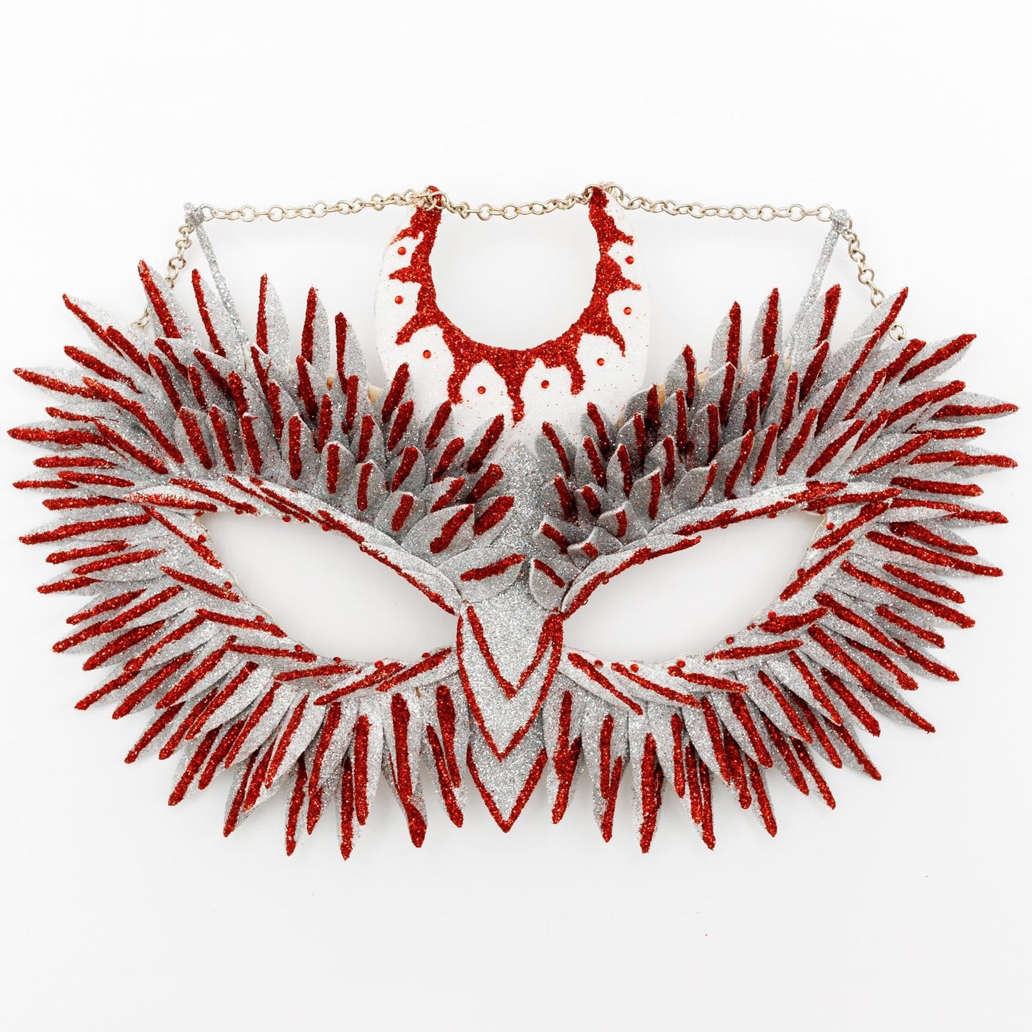 Masquerade mask Owl blood moon with chain, red rhinestones for Halloween, party.