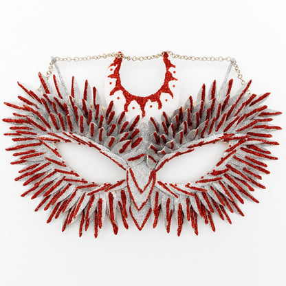 Masquerade mask Owl blood moon with chain, red rhinestones for Halloween, party.