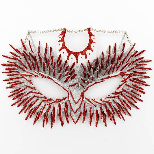 Masquerade mask Owl blood moon with chain, red rhinestones for Halloween, party.