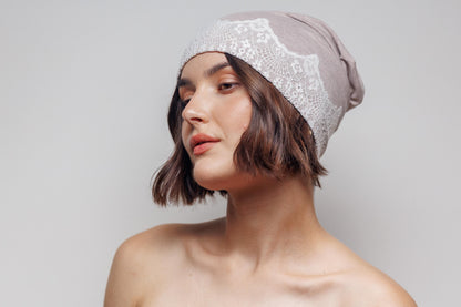 Beige slouchy beanie hat with lace. Cotton headwear size S.