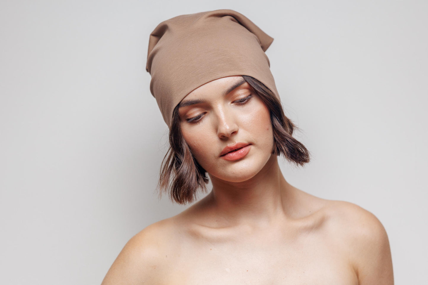 Brown Cotton Beanie Hat: Double Layer Knit, Size S-M