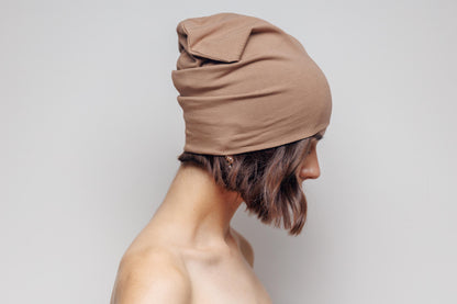 Brown Cotton Beanie Hat: Double Layer Knit, Size S-M