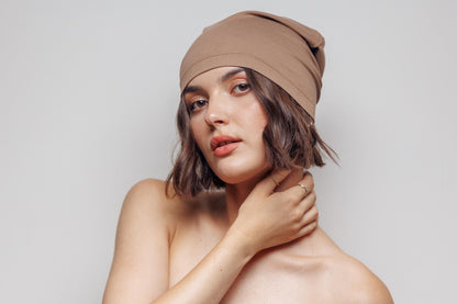 Brown Cotton Beanie Hat: Double Layer Knit, Size S-M