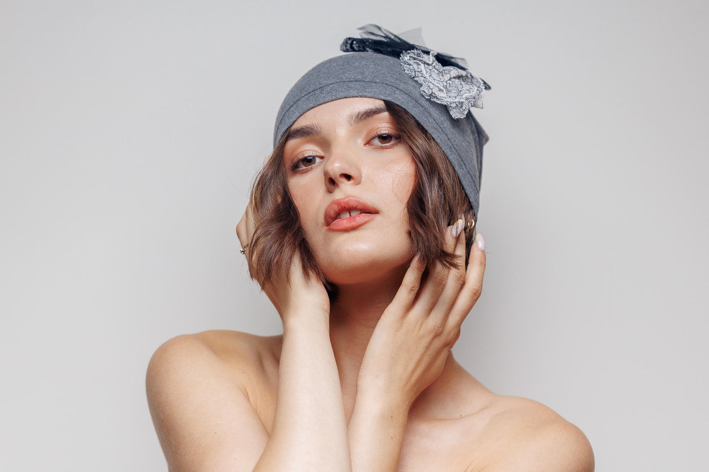 Slouchy Cotton Beanie with Lace Flowers - Grey Chemo Hat