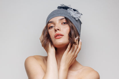 Slouchy Cotton Beanie with Lace Flowers - Grey Chemo Hat