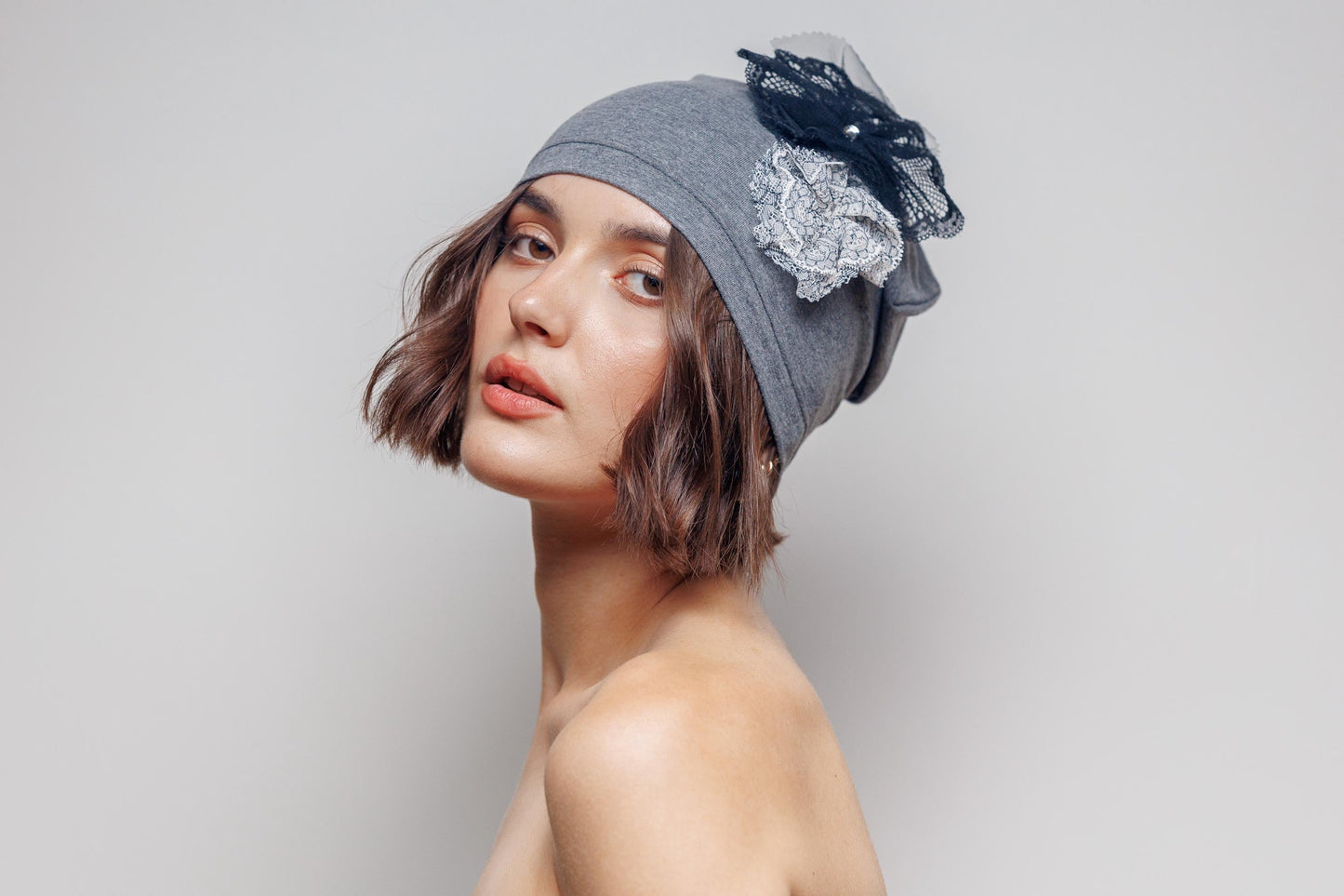 Slouchy Cotton Beanie with Lace Flowers - Grey Chemo Hat