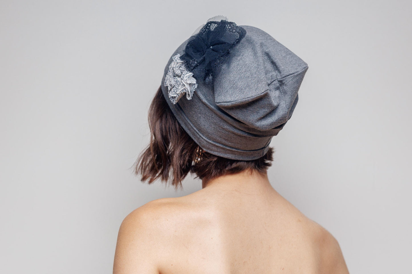 Slouchy Cotton Beanie with Lace Flowers - Grey Chemo Hat