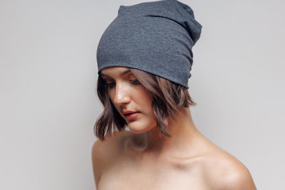 Gray Cotton Slouchy Beanie: 2-Layer Cancer Cap.