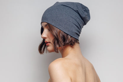 Gray Cotton Slouchy Beanie: 2-Layer Cancer Cap.