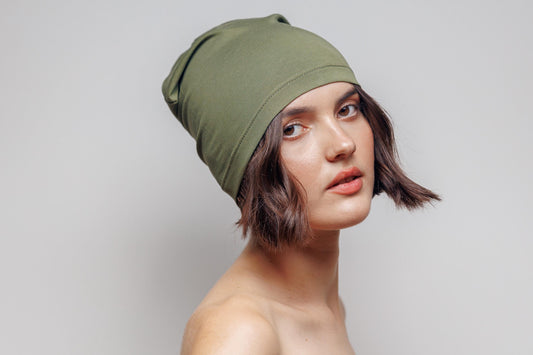 Slouchy beanie hat green color. Chemo headwear. Cotton Beanie cap 1 layer. Size S-M.