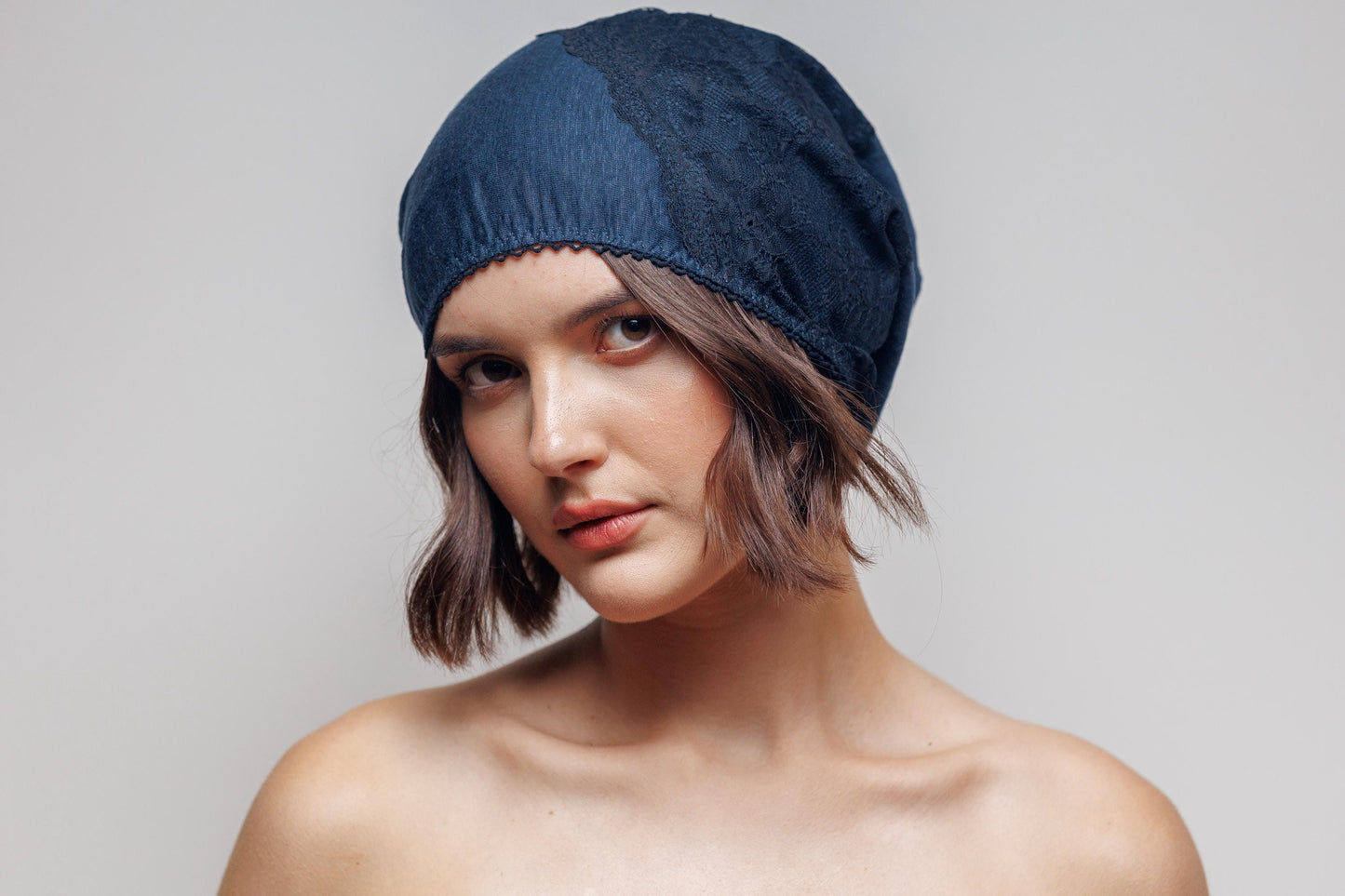 Linen Beanie Hat: Dark Blue Lace, Lightweight Chemo Cap