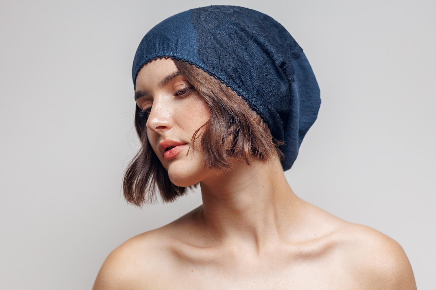 Linen Beanie Hat: Dark Blue Lace, Lightweight Chemo Cap