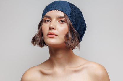 Linen Beanie Hat: Dark Blue Lace, Lightweight Chemo Cap