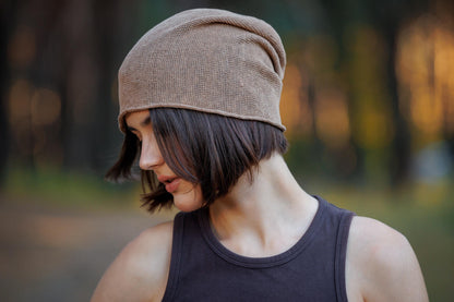 Brown Linen Knit Beanie: Slouchy Summer Cap