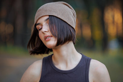 Brown Linen Knit Beanie: Slouchy Summer Cap
