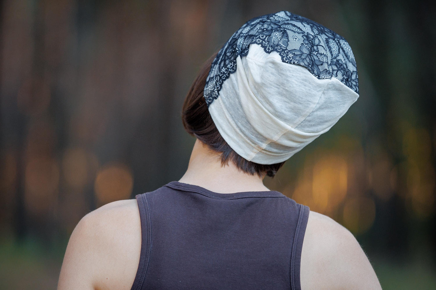 Ivory Linen Beanie Hat with Black Lace: Lightweight Chemo Cap S-M