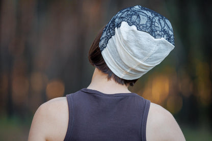 Ivory Linen Beanie Hat with Black Lace: Lightweight Chemo Cap S-M