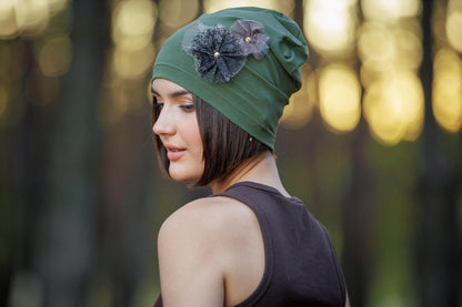 Khaki Beanie with Lace Flowers: Cotton Knit Hat, S-M