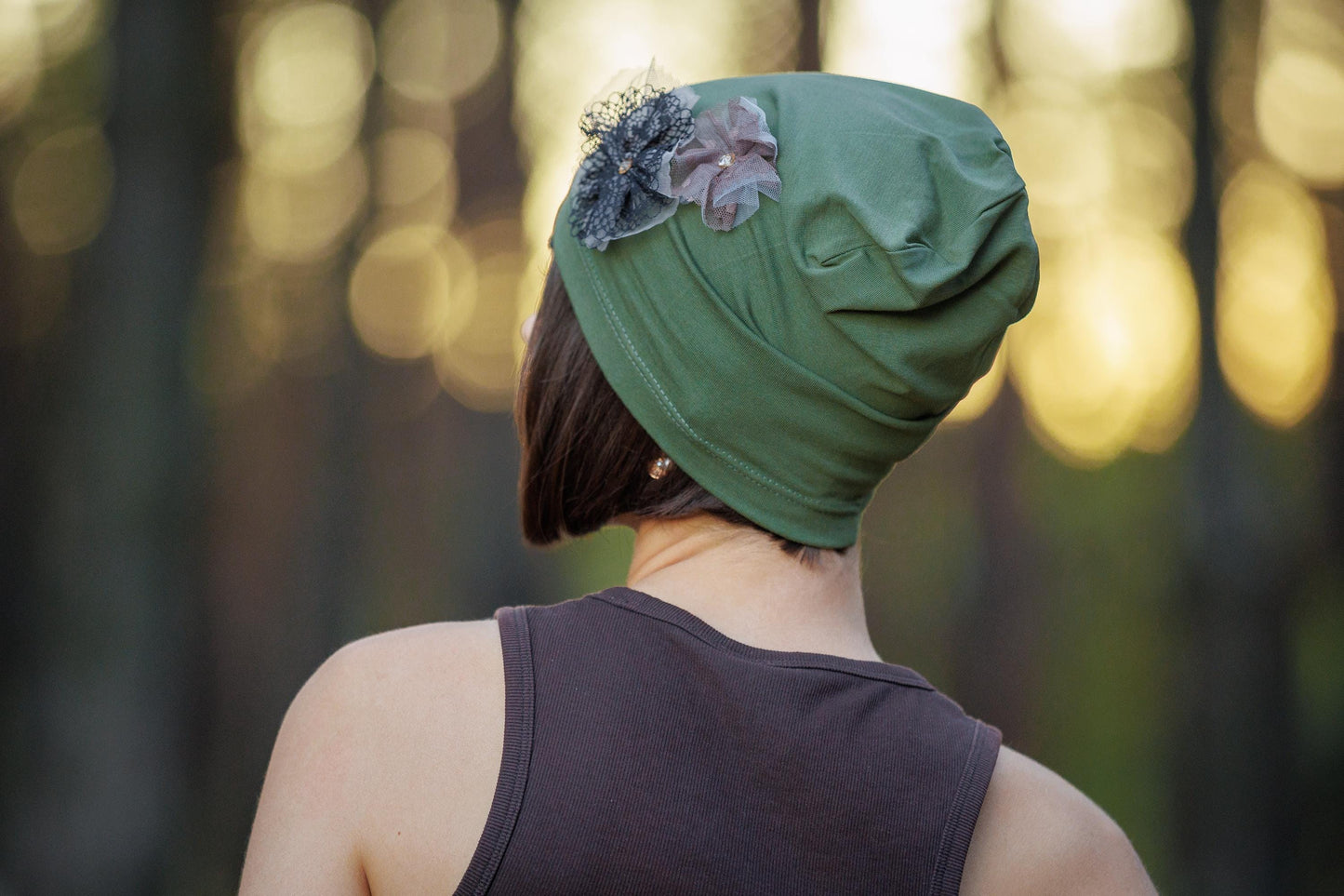 Khaki Beanie with Lace Flowers: Cotton Knit Hat, S-M