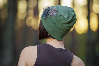 Khaki Beanie with Lace Flowers: Cotton Knit Hat, S-M