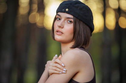 Black Linen Cotton Cap. Classic Newsboy Ivy Hat for Everyday Unisex Style for woman and man. Vintage style.