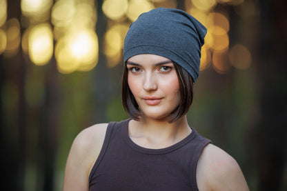 Slouchy Cotton Beanie Hat for woman and man: Grey Double Layer, S-M